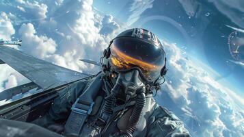 Portrait of a Pilot in the Cockpit of an F-16 Fighter Jet at High Altitude photo