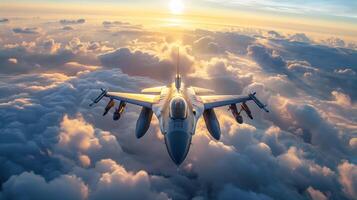 F-16 Fighter Jet Soars Above Clouds at Sunset in Stunning Aerial View photo