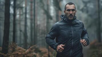 Determined Man Jogging in the Forest on a Misty Day for Fitness and Health photo