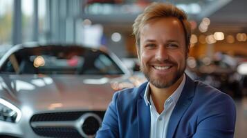 Professional Luxury Car Salesman Smiling in Showroom with High-End Vehicles Showcased photo