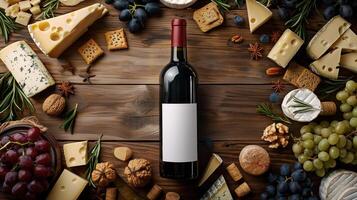 Overhead Shot of Mockup Wine Bottle with Assorted Cheeses, Grapes, and Crackers on Wooden Table photo