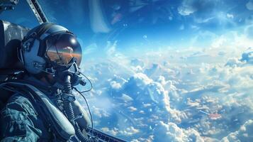 Portrait Of Fighter Pilot In Cockpit Of F-16 Aircraft Soaring Above The Clouds photo