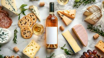 Overhead Shot of Mockup Wine Bottle with Assorted Cheeses, Crackers, and Salami on Marble Surface photo