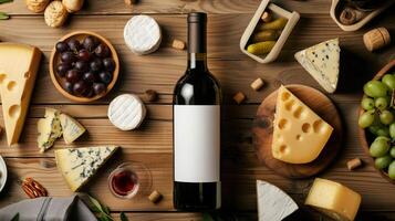 Overhead Shot of Mockup Wine Bottle with Cheese and Grapes on Wooden Table photo