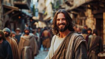 Portrait of a Smiling Jesus Christ in a Historical Street Setting photo