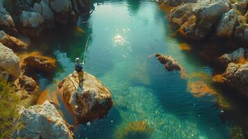 Aerial View of Angler Fishing for Trout in Mountain River with Crystal Clear Water photo