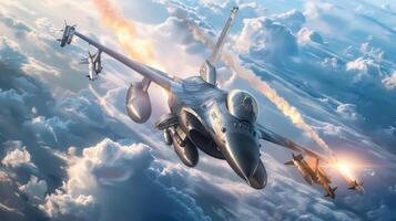 Dynamic F-16 Fighter Plane in Action Against a Stunning Cloudscape photo