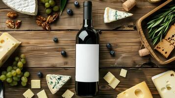 Overhead Shot of Wine Bottle with Cheese, Grapes, Nuts, and Herbs on Wooden Table photo