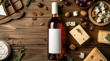 Overhead Shot of a Mockup Wine Bottle with Cheese, Nuts, and Grapes on Wood Table photo