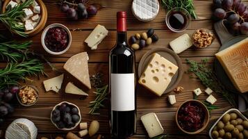 Overhead View of Mockup Wine Bottle with Assorted Cheeses, Fruits, and Herbs on Rustic Wooden Table photo