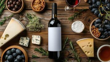 Overhead Shot of Wine Bottle Mockup with Cheese, Fruits, and Nuts on Rustic Wooden Table photo