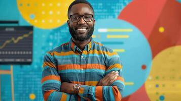 Confident African American Teacher Standing in Colorful Classroom with Charts and Graphs on Display photo