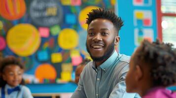 Smiling African American Teacher Engaging with Students in a Colorful Classroom Setting photo