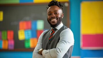 Confident African American Public School Teacher Smiling in Colorful Classroom Setting photo