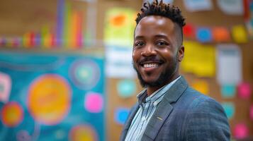 Confident Public School Teacher Smiling in Colorful Classroom, Inspiring Education and Positive Learning Environment photo