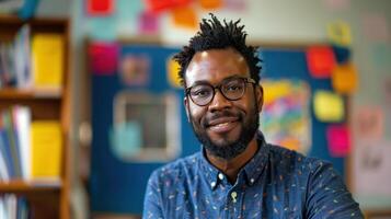 Confident African American Public School Teacher in Colorful Classroom Setting with Books and Decorations photo