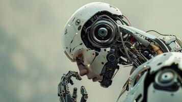Futuristic Robot Analyzing Artificial Intelligence Risks and the Potential Dangers of Advanced Technology in a Thoughtful Pose photo