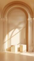 Elegant Arched Doorway With Three Minimalist Pedestals in Soft Beige Interior Lighting photo