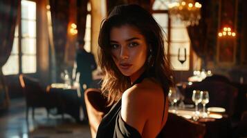 Elegant Brunette Woman in Evening Attire Posing in Luxurious Restaurant Setting with Candlelight and Sophisticated Ambiance photo