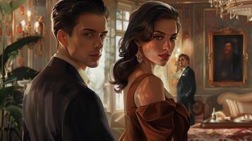 Elegant Couple in Sophisticated Evening Attire in Luxurious Ballroom Setting with Classic Art and Opulent Decor photo