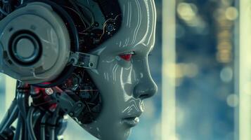 Futuristic AI Robot with Red Eyes Explores the Complexities of Artificial Intelligence and Technological Advancements in a Digital World photo
