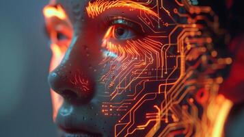 Futuristic Concept of Artificial Intelligence Depicted in a Digital Human Face with Circuit Patterns photo