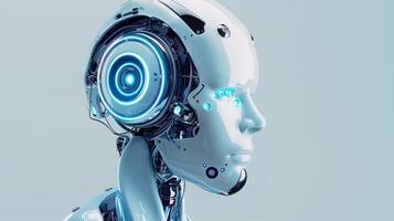 Futuristic Artificial Intelligence Robot with Advanced Technology Features and Blue Glowing Accents on a Neutral Background photo