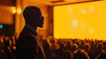 Motivational Speaker Inspiring a Large Audience in a Conference Setting with Vibrant Yellow Background photo