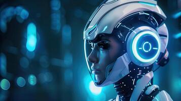 Futuristic Female Android with Glowing Blue Lights in High-Tech Environment photo