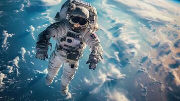 Astronaut Floating Gracefully in Earth's Orbit with Stunning Planet View photo
