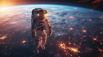 Astronaut Floating in Earth's Orbit at Sunrise with Stunning View of Planet's Surface Below photo