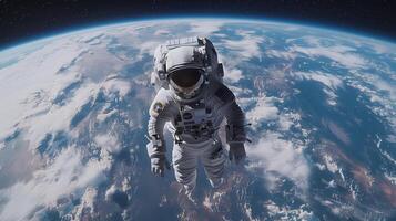 Astronaut Floating in Earth Orbit with Stunning View of Planet Below and Starry Space Above photo