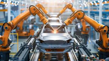 Automated Robot Arms in Car Factory Enhancing Manufacturing Efficiency and Precision in Industrial Production Line photo