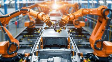 Automated Robot Arms Operate in a Car Factory, Showcasing Industrial Precision and Advanced Technology in Modern Automotive Production Lines photo