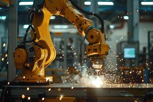 Automated High-Tech Robotic Arm Performing Welding In Industrial Manufacturing Environment photo