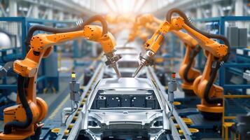 Automated Robot Arms Working in a Cutting-Edge Car Manufacturing Factory with Advanced Technology photo