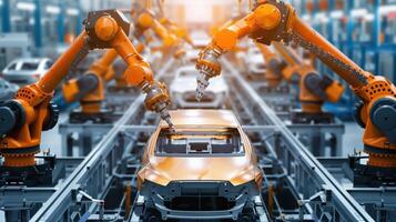 Automated Robot Arms Assembling Cars in a Modern Industrial Factory Setting photo