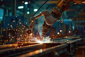 Automated High-Tech Industrial Robotic Arm Performing Precision Welding in a Modern Factory Setting photo