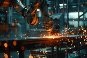 Automated High-Tech Industrial Robotic Arm Performing Welding in a Modern Factory Setting with Bright Sparks photo