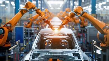 Automated Robot Arms in a Car Factory Performing Industrial Assembly on Vehicle Production Line photo