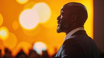 Inspirational Speaker Engaging Audience With Motivational Speech Against Vibrant Background photo