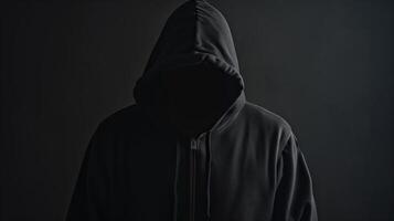 Anonymous Man in Black Hoodie with Hidden Face Against Dark Background for Mystery and Secrecy Themes photo