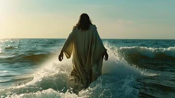 Symbolic Image of Jesus Walking on Water at Sunrise, Representing Faith and Miracles in a Spiritual and Serene Setting With Rippling Waves and Light photo