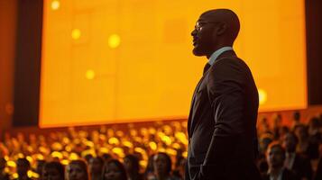 Inspirational Speaker Engaging Crowd at Conference with Dynamic Presentation in Front of Orange Backdrop photo