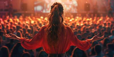 Inspiring Woman Speaker Engaging a Large Audience At Motivational Tech Conference Event photo