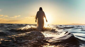 Symbolic Image of Jesus Walking on Water at Sunrise, Representing Faith and Miracles in a Spiritual and Serene Setting With Rippling Waves and Light photo