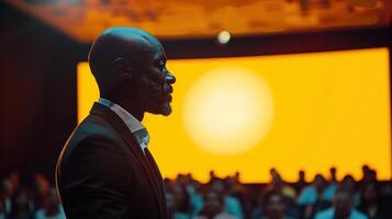 Inspirational Speaker Delivering Powerful Presentation to Engaged Audience in Auditorium with Bright Yellow Background photo