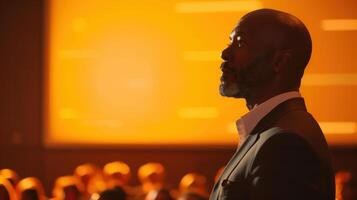 Inspirational Speaker in Profile Against Warm Orange Background During a Motivational Conference photo