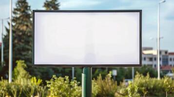 Blank Advertising Billboard Mockup on White Background in Outdoor Setting with Trees and Buildings photo