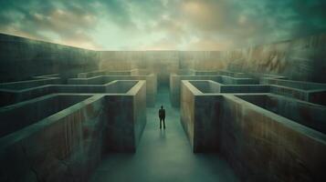 Person Stands at Entrance of Enormous Maze Symbolizing Choice and Challenge photo